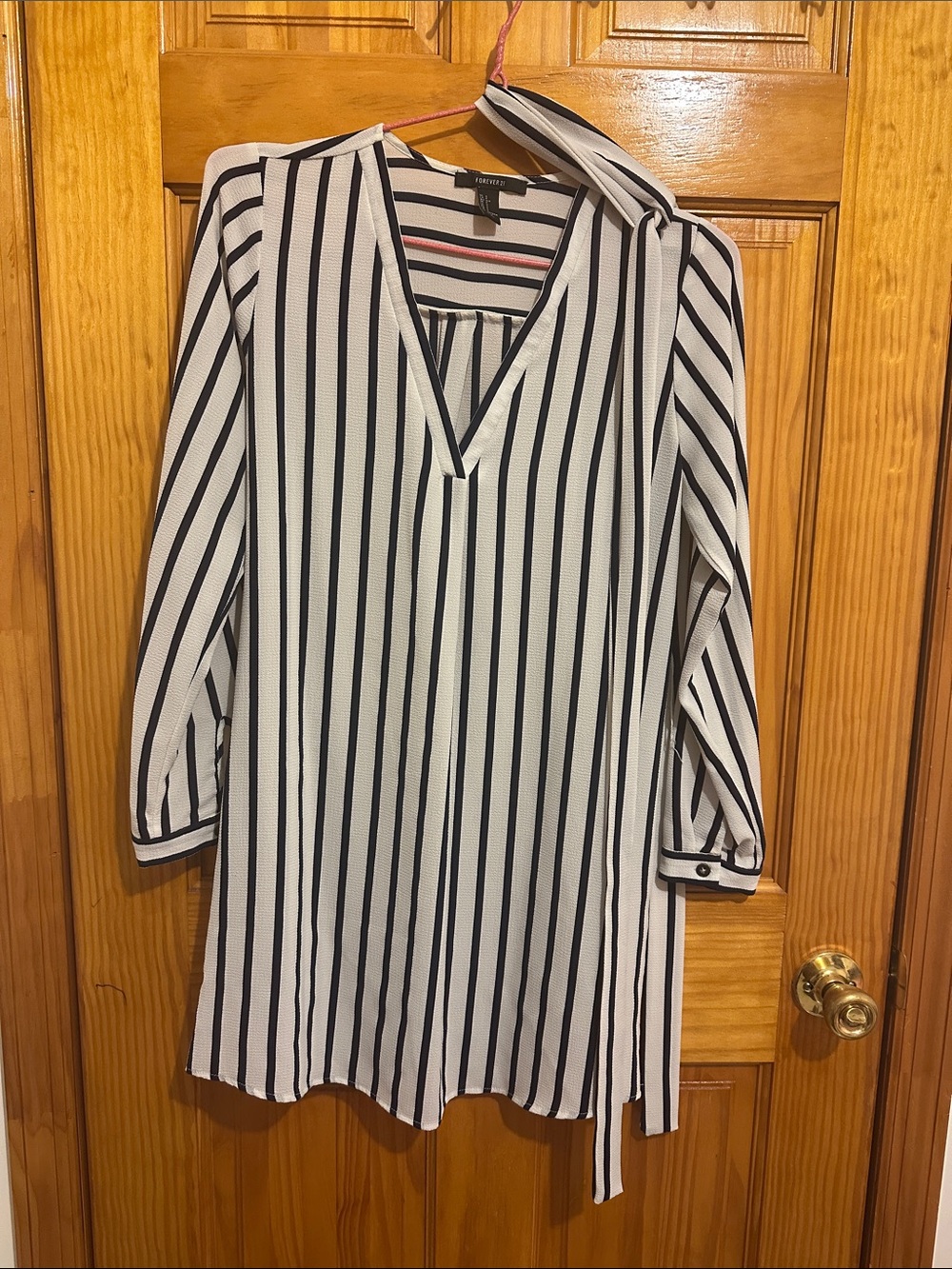 Forever 21 Black and White Vertical Stripe V-Neck Tunic Dress